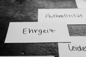 Sammlung von Karten mit Eigenschaften wichtig für den Job, hier: Ehrgeiz